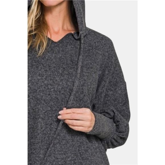 Zenana Brushed Hacci Drop Shoulder Cropped Hoodie - Picture 3 of 3